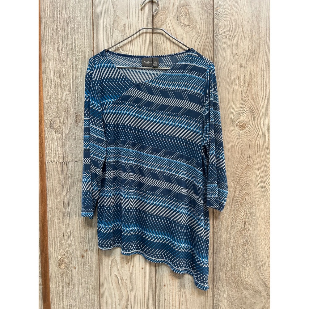 Travelers by Chicos Blue Geometric Asymmetrical Tunic Top Size 2 L 3/4 Sleeve